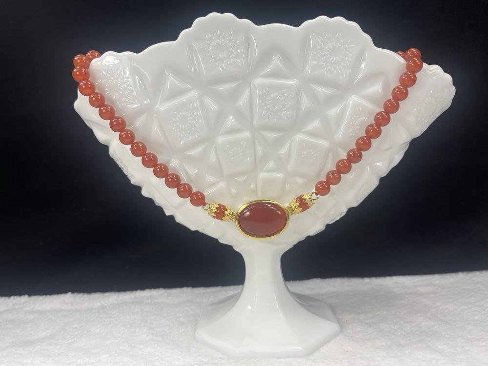 Vintage MMA Museum Of Art Carnelian Bead Necklace Signed USA 17.5”
