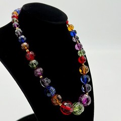 VTG Jewel Tone Bead Necklace Cut Multi Color Blue Green Red Purple Acrylic 18″L