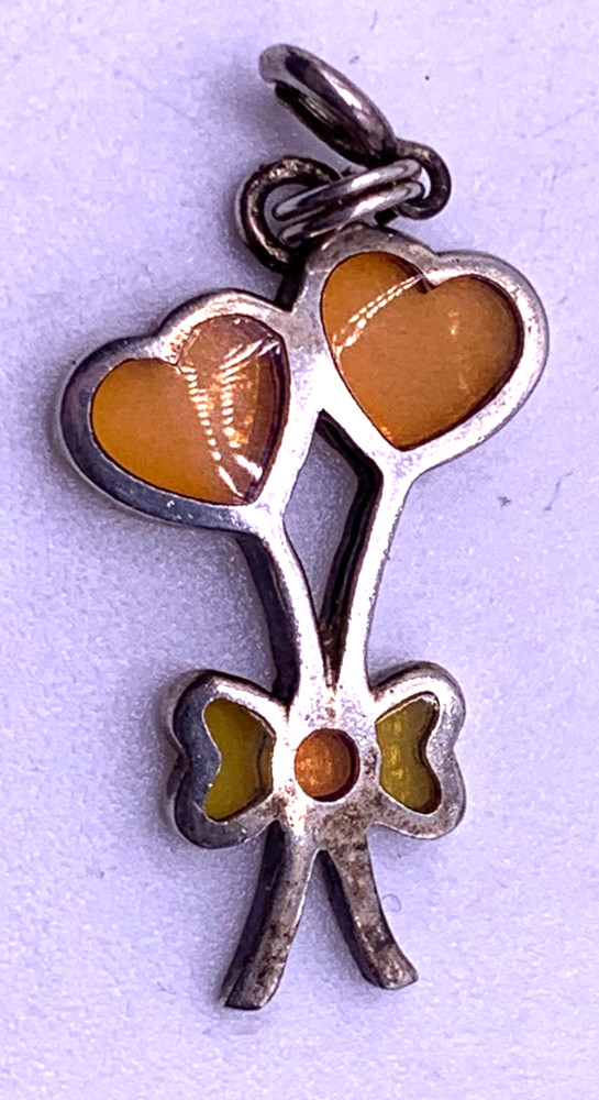 Vtg. Sterling Silver Glass pendant hearts with bows orange yellow pendant signed