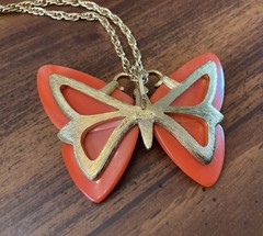 Vintage Trifari Butterfly Necklace Orange Acrylic Smaller Gold Tone