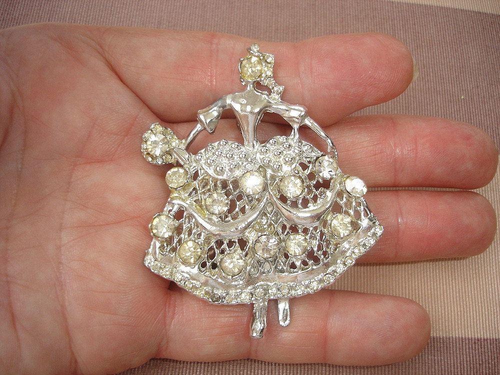 Vintage Large 2 Inch Dancing Girl With Rhinestones Dress Silver Tone Pin Brooch