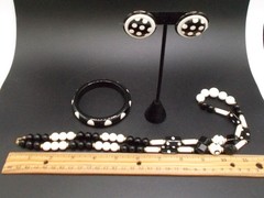 Vtg 80s Black White Beaded Lucite Plastic 30″ Necklace Bangle Polka Dot Earrings