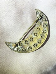 Unusual Antique Victorian Crescent Moon Brooch Prong Set Rhinestones Pin 1880s