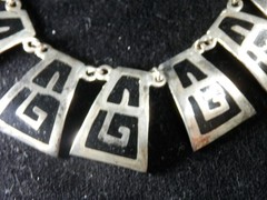 Mexico Alpaca Silver Greek Key Bib Necklace • Choker Bar Link Chain 19″ Enamel