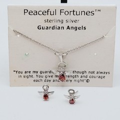 Red Rhinestone Guardian Angel Necklace Earring Set with Card Vintage 1990s