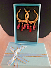 Vintage Bohemian Wire Wrap Red and Maroon Beads Hoop Earrings