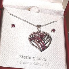 Genuine Ruby Cubic Zirconia Heart Pendant Necklace Earring Set Sterling A57 New