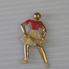 Vintage Gold Tone Enamel Tennis Player Figural Brooch Pin Red White Sports