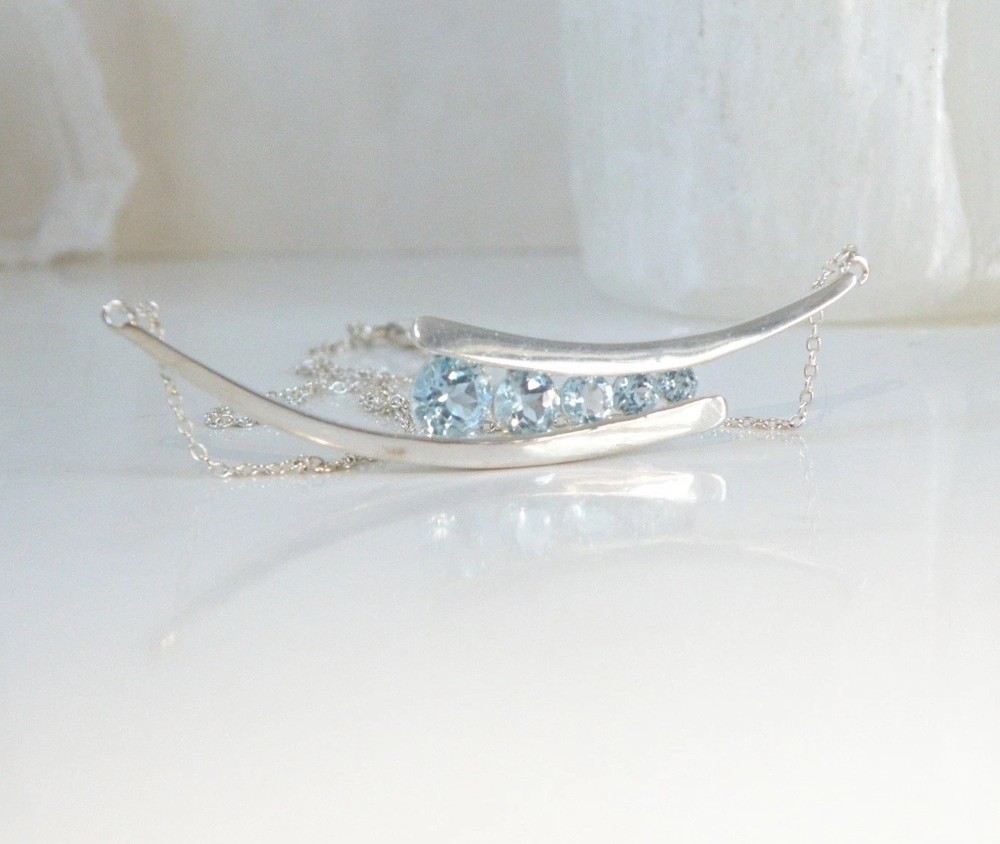 Vintage Sterling Silver 925 Natural Heated Blue Topaz Channel Set Necklace 18″