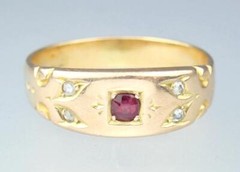 Fine Antique Victorian 18K 15K Gold Ruby Diamond 5-Stone Floral Scroll Ring 5.5
