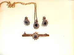 Vintage Sapphire And Zirconia Cluster Pendant, Pierced Earrings & Brooch Pin Set