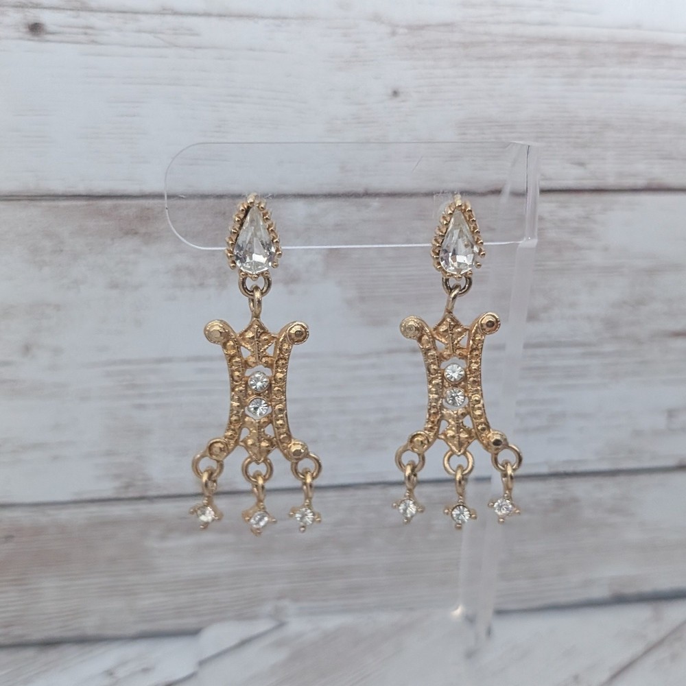 Vintage Earrings for Pierced Ears Ornate Gold Tone & Clear Gem Statement Dangle