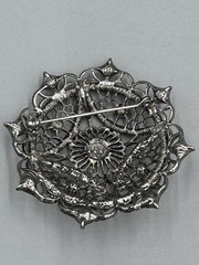 Vintage Pink Black Rhinestone Filigree Brooch Silver Tone Gothic Mandala READ