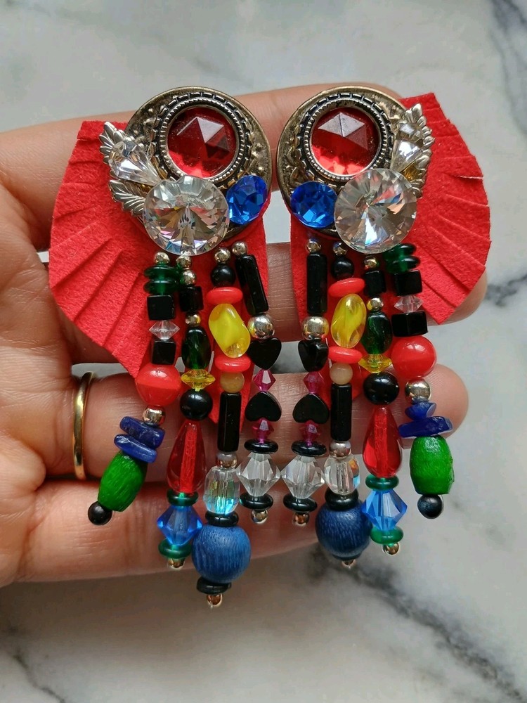 VINTAGE 80s Putting On The Rich Earrings Sparkle Gem Clip-on Wearable Art 3.5in