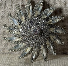 Vintage 1950s Starburst Clear Rhinestone Brooch Pin Silver Tone