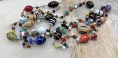 Vtg Venetian Wired Art Glass Bead Necklace Blown Swirl Stripe Barrel 46” Long