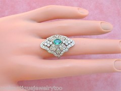 ESTATE ART DECO 2.25ctw DIAMOND & OVAL EMERALD PLATINUM STATEMENT COCKTAIL RING