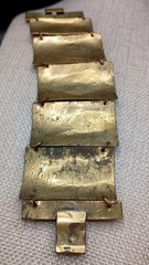 Vintage Peruvian Alpaca Bracelet Story Teller Gold Tone Brass Wide Cuff Repousse