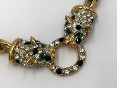 Vintage JACKIE COLLINS Rhinestone Cat Panther Leopard Gold Plated Necklace 19″