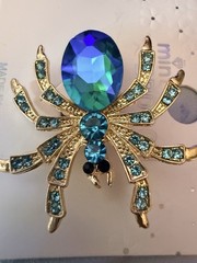 Aqua Rhinestone Gold Tone Spider Brooch