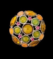 Vintage Round Rhinestone Brooch Green Amber Pink Statement Pin 1.75″ Varied