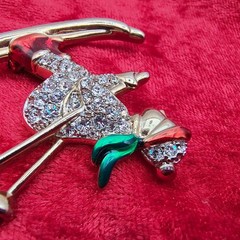 Vintage Skier Brooch Pin Gold Tone Rhinestone Encrusted Green Red Enamel Winter