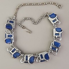 Vintage Thermoset Necklace Clip On Earrings Set Blue Silver Tone 15″