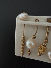 Artisan Ceramic Brooch with Dangling Freshwater Baroque Pearls Gold Beads Vtg