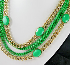 Multi Chain Necklace Gold & Green Enamel Oval Accents Designer Quality