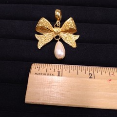 Dauplaise Gold Tone Bow Pendant with Faux Pearl Dangle (No Chain)