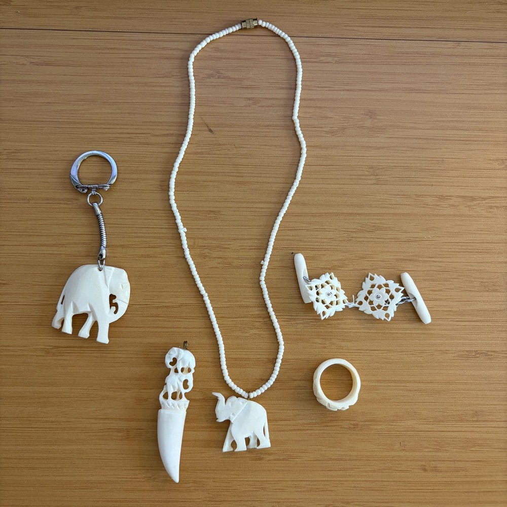 VTG White Carved Elephant Jewelry Lot Necklace Ring Pendant Cufflinks Keychain