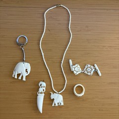VTG White Carved Elephant Jewelry Lot Necklace Ring Pendant Cufflinks Keychain