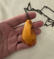 Vintage Large Egg Yolk Baltic Amber Pendant Necklace Sterling Silver Chain