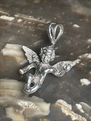Vintage Winged Angel Pendant Charm In Solid Sterling Silver