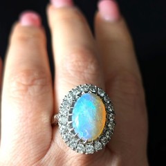 Vintage Opal Diamonds 14k White Gold Large Cocktail Ring Halo Estate Gift