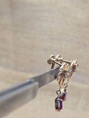 Art Nouveau Red Glass Screw Back Dangle Earrings Gold Tone