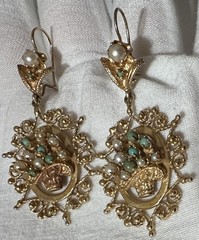 Rare Antique Victorian 14K Gold Earrings Basket Design With Pearl & Turquoise