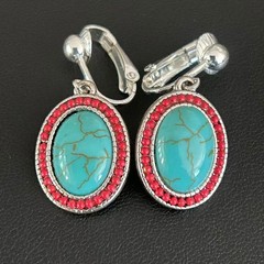 Vintage Southwestern Faux Turquoise Red Resin Bead Clip On Earrings