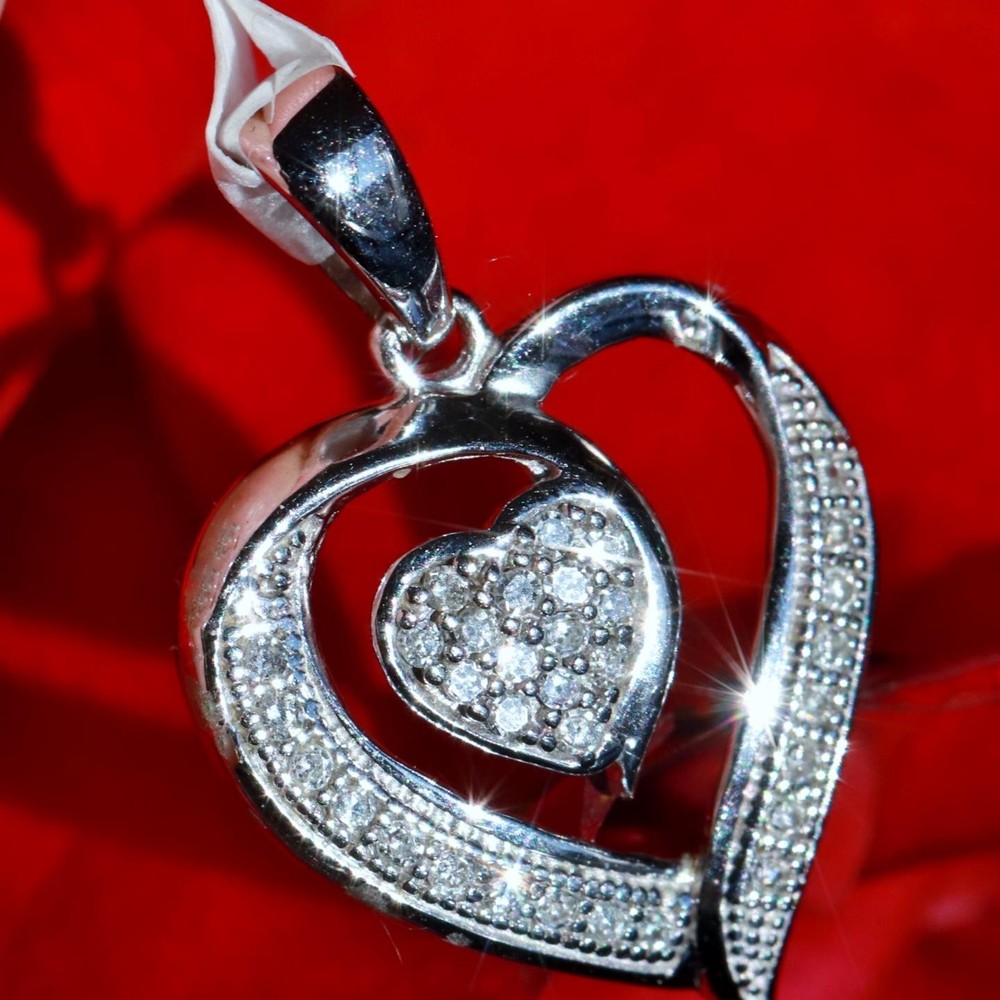 10k white gold pendant 0.10ct natural diamond heart charm vintage 1.16gr N3318