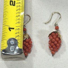 Vintage Gold Tone Red Coral Bead Grape Cluster Drop Earrings French Hook Retro