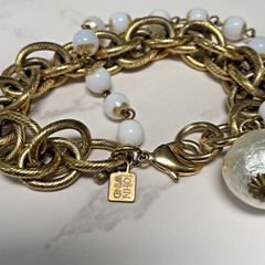 Vintage JOHN WIND Faux Pearl Multi strand Gold Tone Chain Initial “J” Bracelet