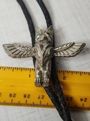 Vintage Bolo Tie Eagle Thunderbird Turquoise Silver Tone Black Enamel Design