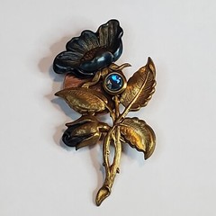 Copper Metal Blue Flower Pin Blue Rhinestone 2.25 inch Estate Vintage 1950s