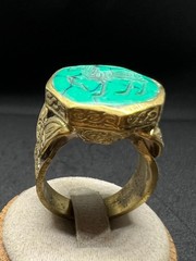 Rare Ancient Bronze Ring Carved Green Stone Animal Motif Antique Size 9 US