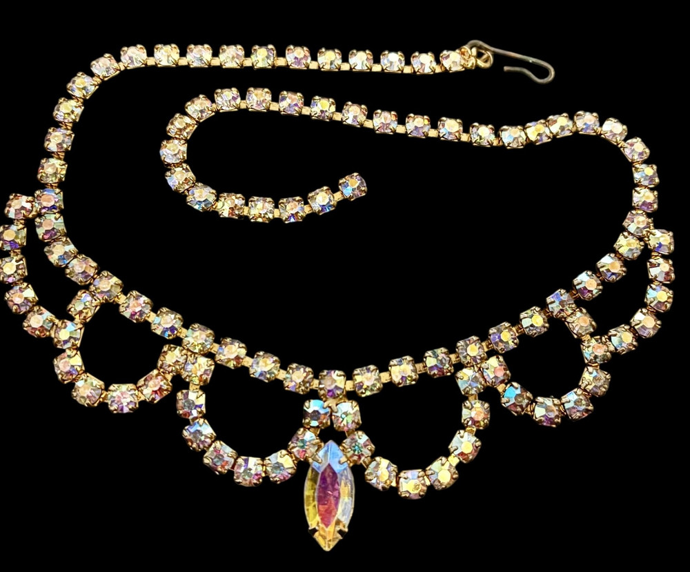 1950s Aurora Borealis AB Clear Rhinestone Gold tone 15″ Choker swag NECKLACE adj