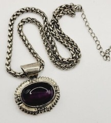 Pendant Necklace Purple CAT EYE Large Silver tone Sliding 21 in Vintage