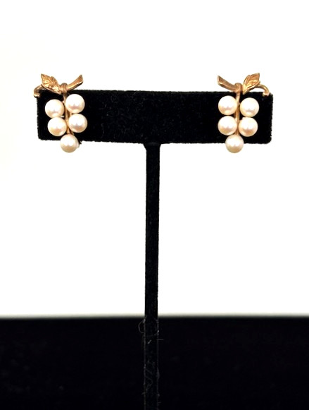 Rare Vintage 9K Yellow Gold 5MM Cultured Pearl GRAPES Clip Earrings .75″ L 5.2G