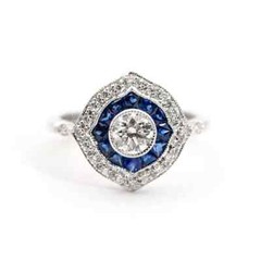 Art Deco 14K White Gold FN Round Lab Created Diamond & Sapphire Engagement Ring