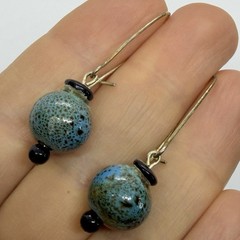Vtg Boho Blue Speckled Pottery Bead Drop Hoop Wire Dangle Earrings