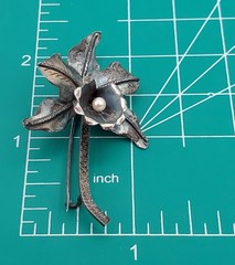 VTG Sterling Silver Orchid Flower Brooch 2in Faux Pearl Center Patina Estate
